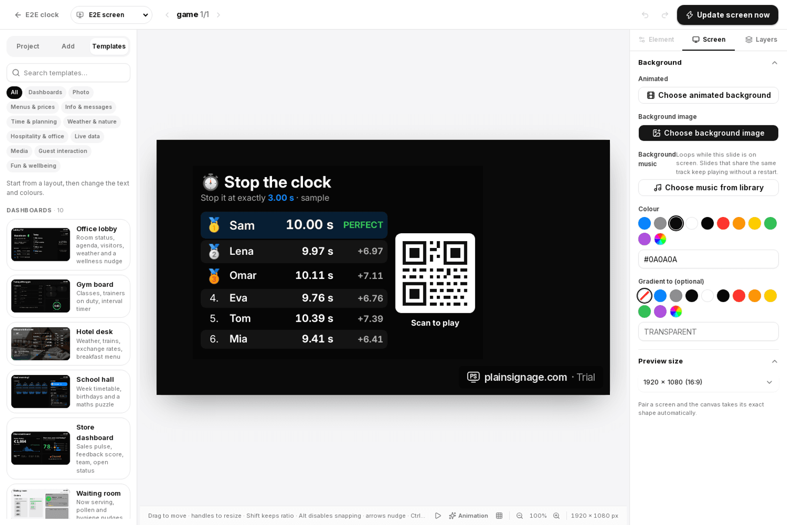 The Live sheet widget in the PlainSignage designer showing a table from a published Google Sheet